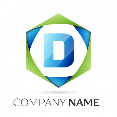 D harfi vektör logo simge renkli gri arka plan üzerine altıgen. Tasarımınız için vektör şablonu
