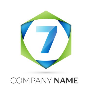 Yedi numaralı vektör logo simge renkli gri arka plan üzerine altıgen. Tasarımınız için vektör şablonu