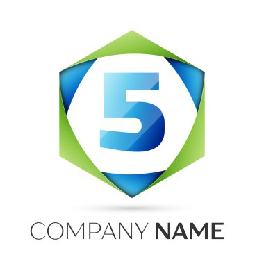 Beş numaralı vektör logo simge renkli gri arka plan üzerine altıgen. Tasarımınız için vektör şablonu