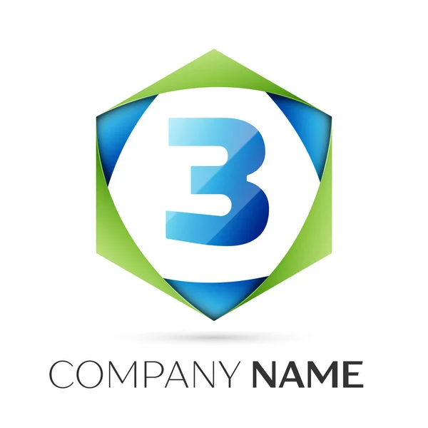 Nummer drie vector logo symbool in de kleurrijke zeshoekige op grijze achtergrond. Vector sjabloon voor uw ontwerp — Stockvector
