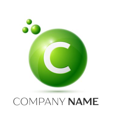 C harfi sıçrama logosunu görmeniz gerekir. Yeşil noktalar ve daire kabarcık mektup tasarım gri arka plan üzerinde. Vektör çizim