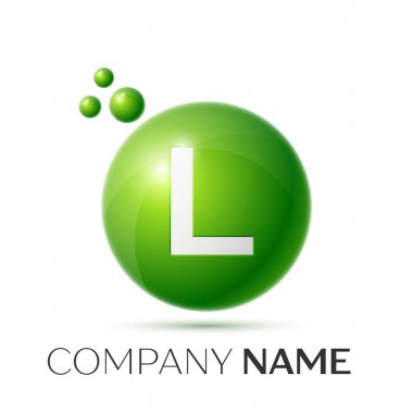L harfi sıçrama logosunu görmeniz gerekir. Yeşil noktalar ve daire kabarcık mektup tasarım gri arka plan üzerinde. Vektör çizim