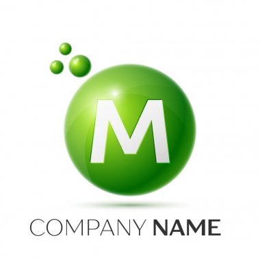 M harfi sıçrama logosunu görmeniz gerekir. Yeşil noktalar ve daire kabarcık mektup tasarım gri arka plan üzerinde. Vektör çizim