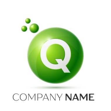 Q harfi sıçrama logosunu görmeniz gerekir. Yeşil noktalar ve daire kabarcık mektup tasarım gri arka plan üzerinde. Vektör çizim