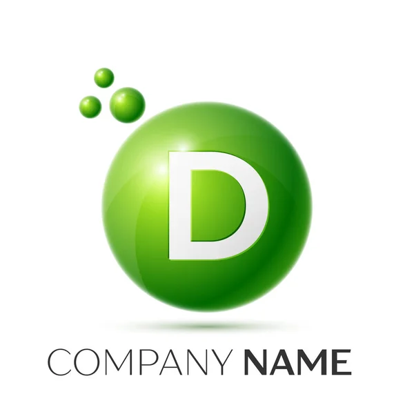D brev splash logotyp. Gröna prickar och cirkel bubbla brev design på grå bakgrund. Vektorillustration — Stock vektor
