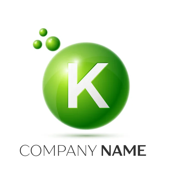 K Letra salpicadura logo. Lunares verdes y círculo burbuja letra diseño sobre fondo gris. Ilustración vectorial — Vector de stock