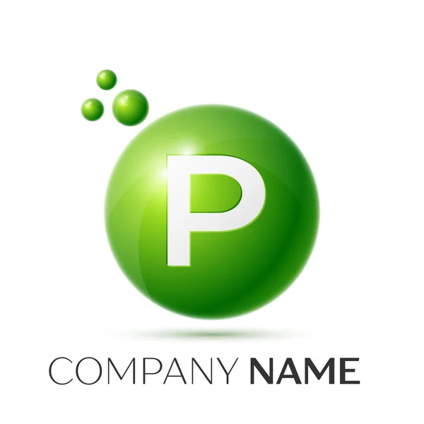 P logotipo carta respingo. Pontos verdes e círculo bolha letra design no fundo cinza. Ilustração vetorial —  Vetores de Stock