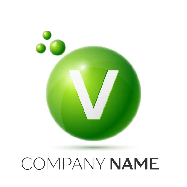 V betűt csobbanás logó. Zöld pontok és a kör buborék levél design szürke háttéren. Vektoros illusztráció — Stock Vector