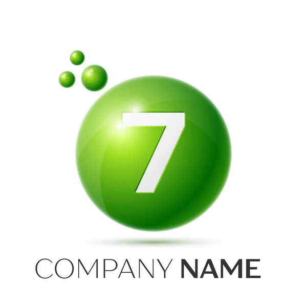 Nummer sju splash logotyp. Gröna prickar och bubblor nummer design på grå bakgrund. Vektorillustration — Stock vektor