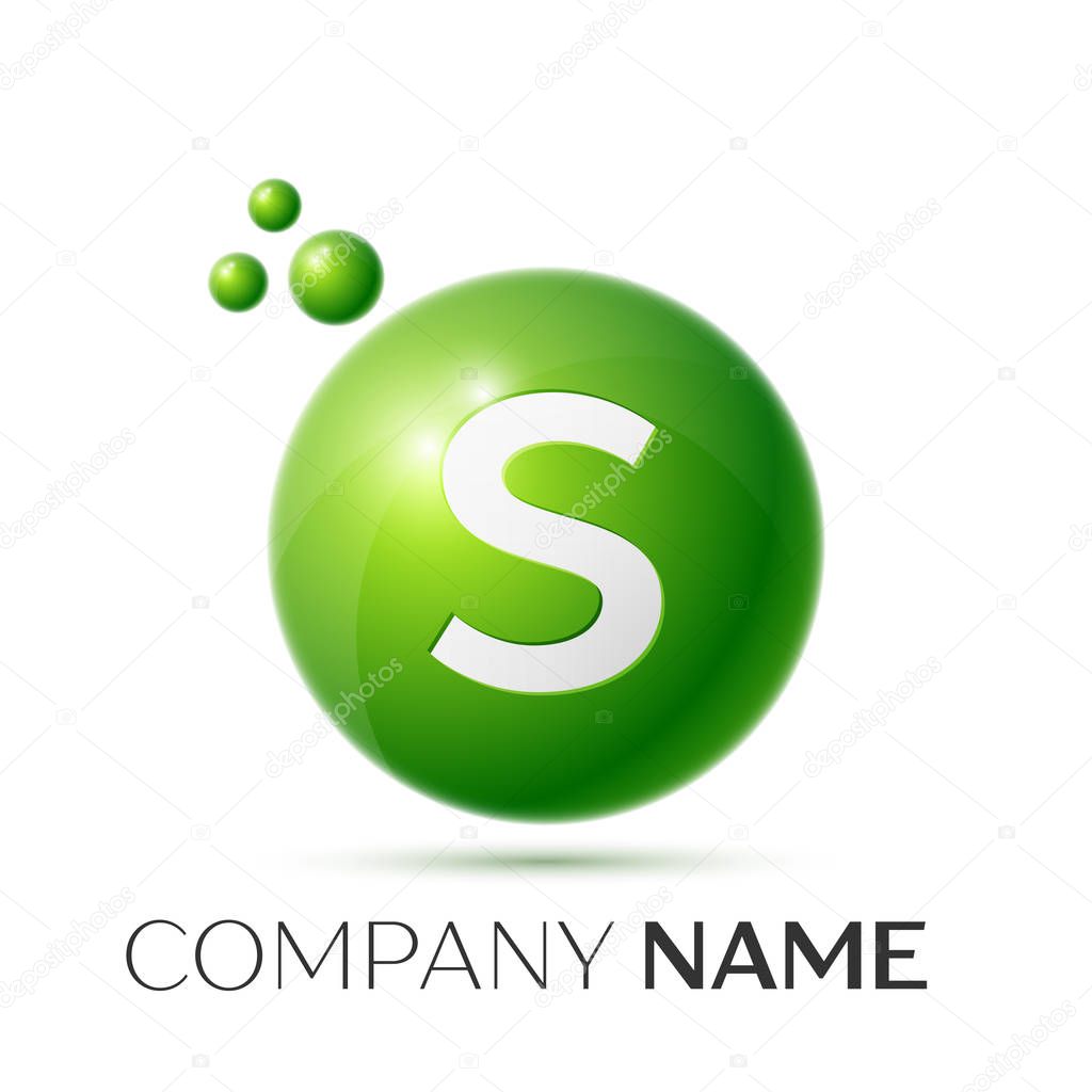 S Letter splash logo. Green dots and circle bubble letter design on grey background. Vector Illustration