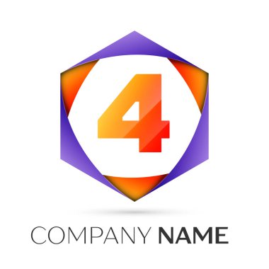Dört numaralı vektör logo simge renkli gri arka plan üzerine altıgen. Tasarımınız için vektör şablonu