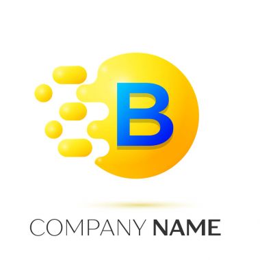 B harfi sıçrama logosunu görmeniz gerekir. Sarı nokta ve daire kabarcık mektup tasarım gri arka plan üzerinde. Vektör çizim
