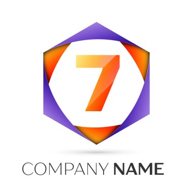 Yedi numaralı vektör logo simge renkli gri arka plan üzerine altıgen. Tasarımınız için vektör şablonu