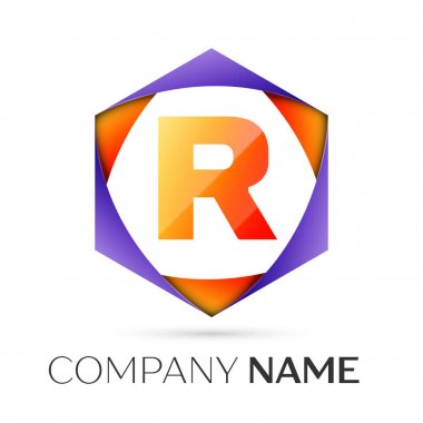Harf R vektör logo simge renkli gri arka plan üzerine altıgen. Tasarımınız için vektör şablonu