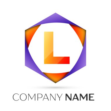 L harfi vektör logo simge renkli gri arka plan üzerine altıgen. Tasarımınız için vektör şablonu