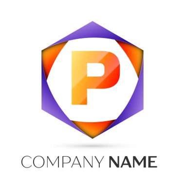 P harfi vektör logo simge renkli gri arka plan üzerine altıgen. Tasarımınız için vektör şablonu