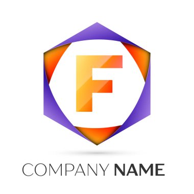 F harfi vektör logo simge renkli gri arka plan üzerine altıgen. Tasarımınız için vektör şablonu