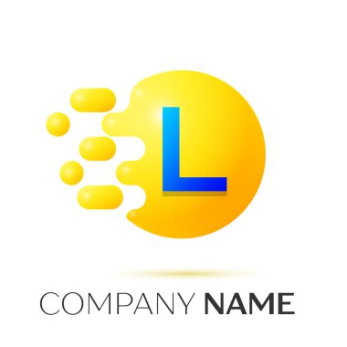 L harfi sıçrama logosunu görmeniz gerekir. Sarı nokta ve daire kabarcık mektup tasarım gri arka plan üzerinde. Vektör çizim