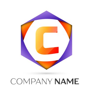 C harfi vektör logo simge renkli gri arka plan üzerine altıgen. Tasarımınız için vektör şablonu