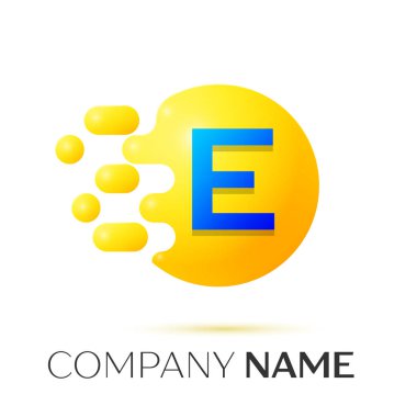 E mektup sıçrama logosunu görmeniz gerekir. Sarı nokta ve daire kabarcık mektup tasarım gri arka plan üzerinde. Vektör çizim