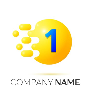 Bir numaralı sıçrama logosunu görmeniz gerekir. Sarı nokta ve kabarcıklar numara tasarım gri arka plan üzerinde. Vektör çizim