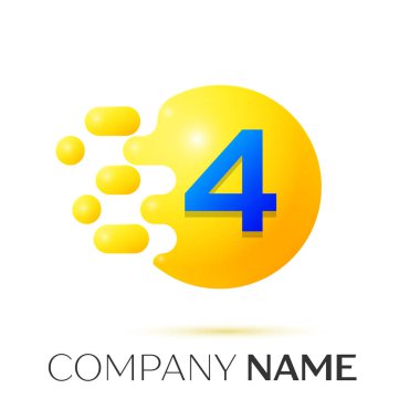 Dört numaralı sıçrama logosunu görmeniz gerekir. Sarı nokta ve kabarcıklar numara tasarım gri arka plan üzerinde. Vektör çizim