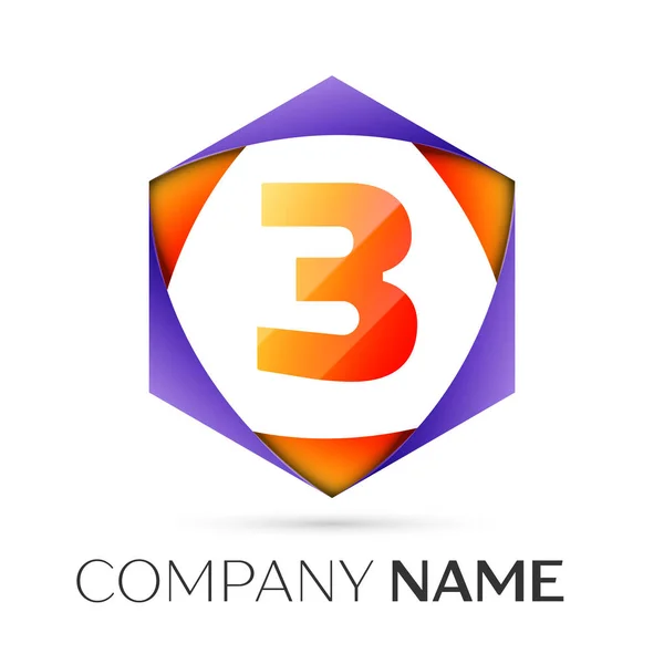 Nummer drie vector logo symbool in de kleurrijke zeshoekige op grijze achtergrond. Vector sjabloon voor uw ontwerp — Stockvector