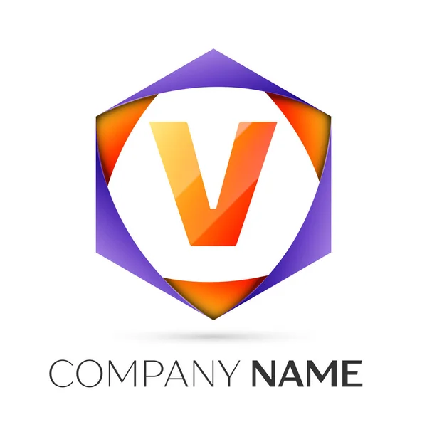 Letra V símbolo logotipo do vetor no hexagonal colorido em ba cinza — Vetor de Stock