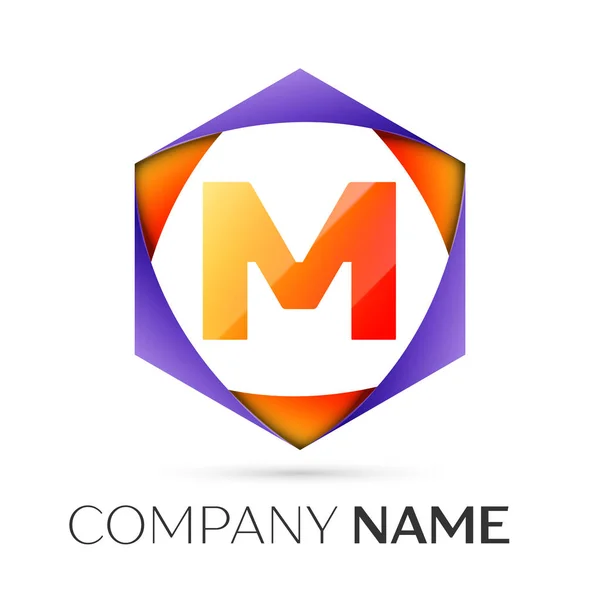 Bokstaven M vektor logotypen symbol i färgglada sexkantiga på grå bakgrund. Vector mall för din design — Stock vektor
