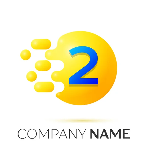 Nummer twee splash logo. Gele stippen en bubbels nummer ontwerp op grijze achtergrond. Vectorillustratie — Stockvector