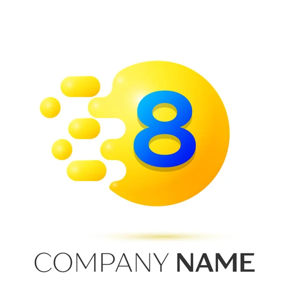Nummer acht splash logo. Gele stippen en bubbels nummer ontwerp op grijze achtergrond. Vectorillustratie — Stockvector
