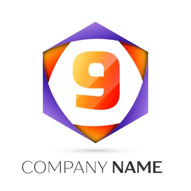 Dokuz numaralı vektör logo simge renkli gri arka plan üzerine altıgen. Tasarımınız için vektör şablonu