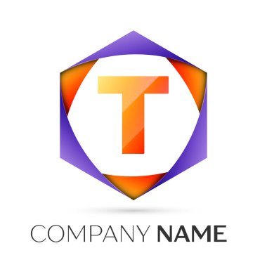 T harfinin vektör logo simge renkli gri arka plan üzerine altıgen. Tasarımınız için vektör şablonu