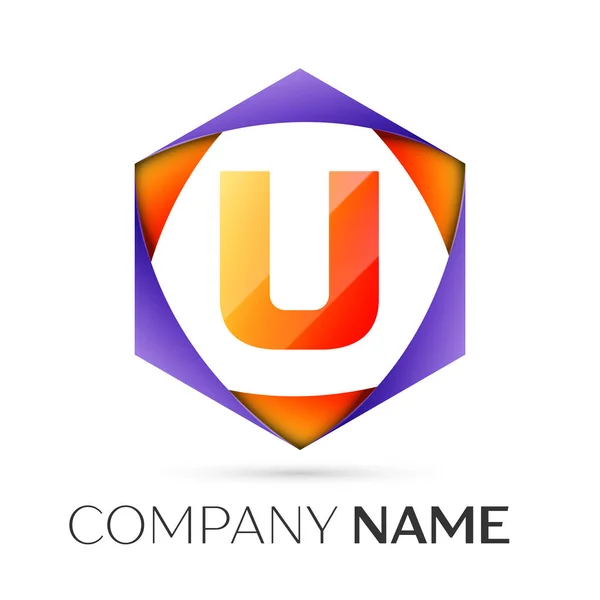 Letter U vector logo symbol in the colorful hexagonal on grey background. Vector template for your design — Stock Vector