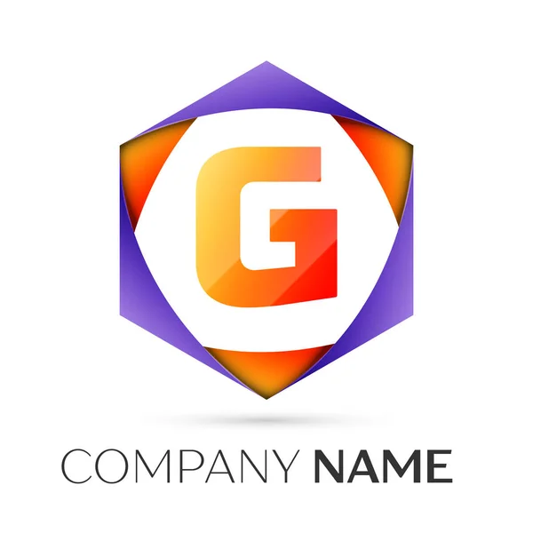 Lettera G simbolo del logo vettoriale nel colorato esagonale su ba grigio — Vettoriale Stock