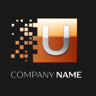 U harfi vektör logo simge paramparça bloklar siyah arka plan üzerinde renkli kare. Tasarımınız için vektör şablonu