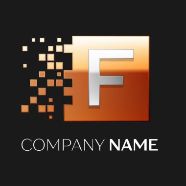 F harfi vektör logo simge paramparça bloklar siyah arka plan üzerinde renkli kare. Tasarımınız için vektör şablonu