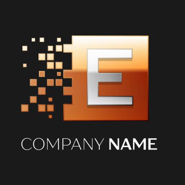 E harfinin vektör logo simge paramparça bloklar siyah arka plan üzerinde renkli kare. Tasarımınız için vektör şablonu