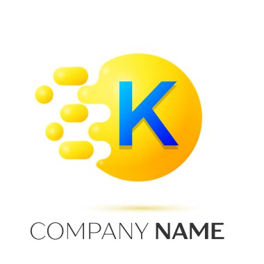 K harfi sıçrama logosunu görmeniz gerekir. Sarı nokta ve daire kabarcık mektup tasarım gri arka plan üzerinde. Vektör çizim