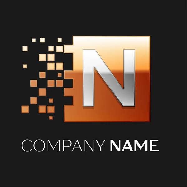 Літера N векторний логотип символ в барвистому квадраті з розбитими блоками на чорному тлі. Векторний шаблон вашого дизайну — стоковий вектор