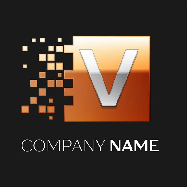 Символ векторного логотипа буквы V на красочном квадрате с разбитыми блоками на черном фоне. Векторный шаблон для Вашего дизайна — стоковый вектор