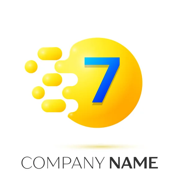 Nummer zeven splash logo. Gele stippen en bubbels nummer ontwerp op grijze achtergrond. Vectorillustratie — Stockvector