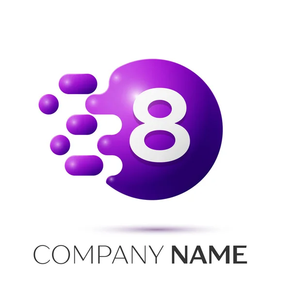 Number eight splash logo. Purple dots and bubbles number design on grey background. Vector Illustration — Stock Vector
