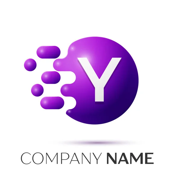 Y Letter splash logo. Purple dots and circle bubble letter design on grey background. Vector Illustration — Stock Vector