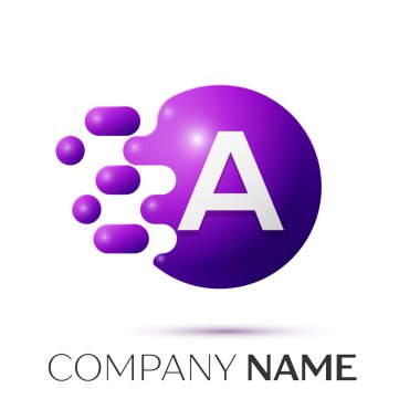 Bir mektup sıçrama logo. Mor noktalar ve daire kabarcık mektup tasarım gri arka plan üzerinde. Vektör çizim