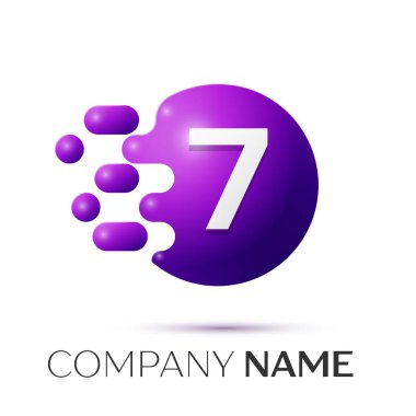 Yedi numara sıçrama logosunu görmeniz gerekir. Mor noktalar ve kabarcıklar numara tasarım gri arka plan üzerinde. Vektör çizim