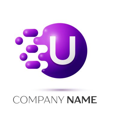 U harfi sıçrama logosunu görmeniz gerekir. Mor noktalar ve daire kabarcık mektup tasarım gri arka plan üzerinde. Vektör çizim