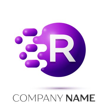 R harfi sıçrama logosunu görmeniz gerekir. Mor noktalar ve daire kabarcık mektup tasarım gri arka plan üzerinde. Vektör çizim
