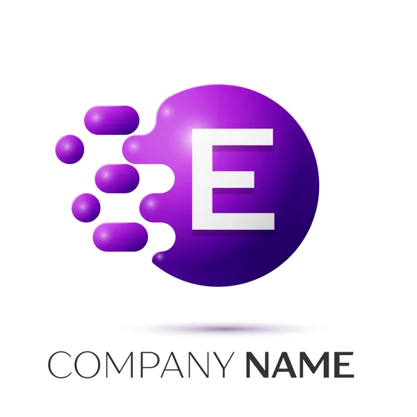 E Letter Splash Logo. lila Punkte und Kreis Bubble Letter Design auf grauem Hintergrund. Vektorillustration — Stockvektor