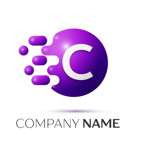 Логотип "C Letter splash". Фіолетові цятки та дизайн бульбашкової літери на сірому фоні. Векторна ілюстрація — стоковий вектор